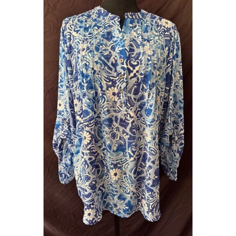 NY Collection Woman Blue White Mosaic Print Roll Tab Sleeve Tunic Blouse 2X